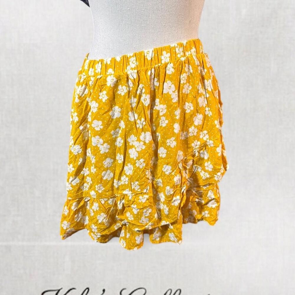 Y2K Cottagecore yellow floral midi skirt with ruffles and elastic waistband
